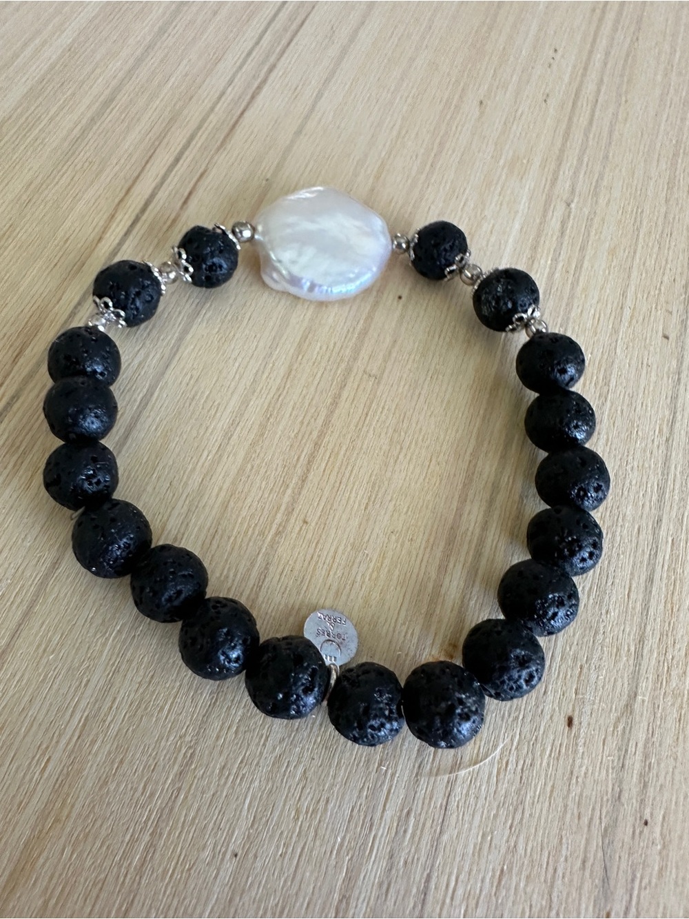 Black Lava Bead and White Pearl Accent Bracelet